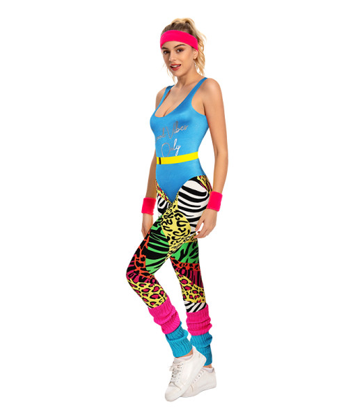 1980s Retro Fitness Blue Jumpsuit  7Pcs Women Halloween Costume