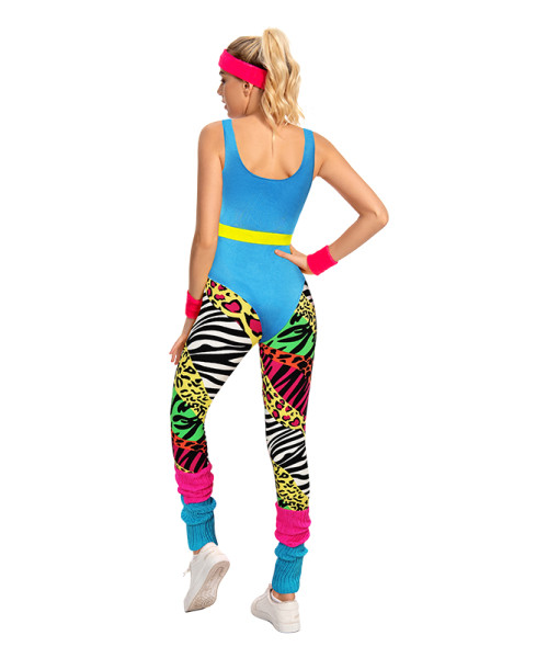 1980s Retro Fitness Blue Jumpsuit  7Pcs Women Halloween Costume