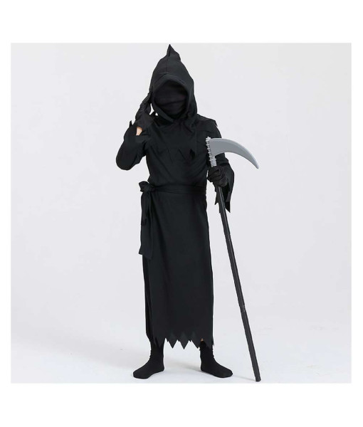 Kids Children Black Robe Hooded Grim Reaper Fullset Cosplay Halloween Costume