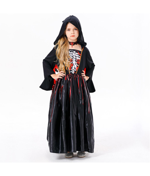 Kids Children Girl Black Dress Witch Skeleton Fantasy Hood Cloak Halloween Costume