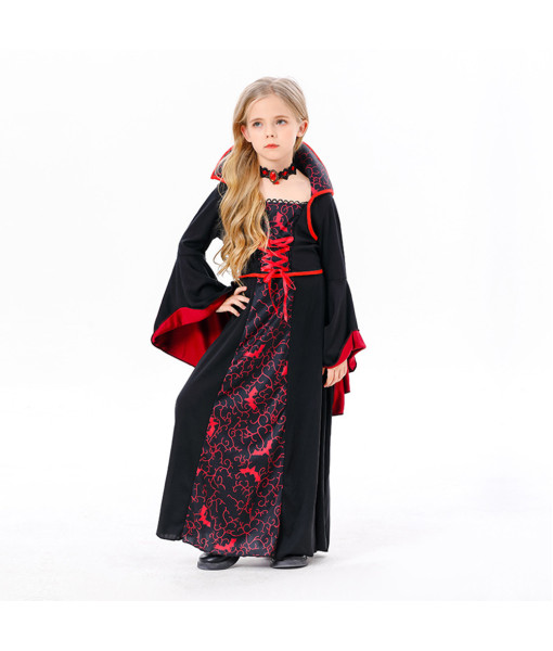 Kids Children Girl Dark Red Long Dress Vampire Royal Baroness Halloween Costume