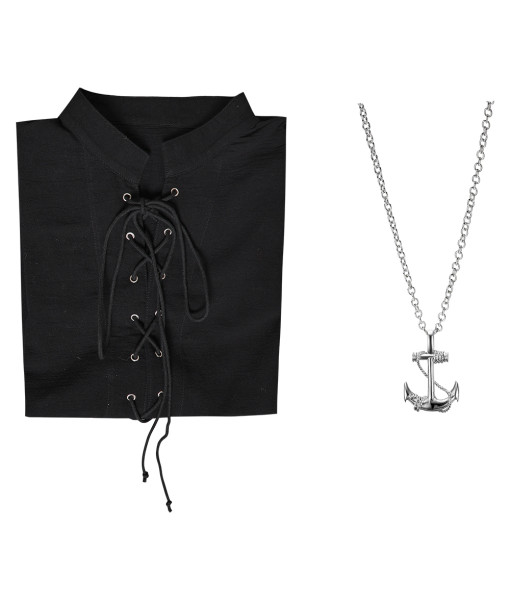 Men Medieval Renaissance Black Sleeveless Shirt Necklace 2Pcs Set Pirate Halloween Costume