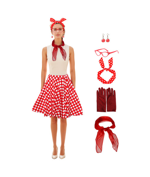 Women 50s Red Polka Dot Skirt 6Pcs Halloween Costume
