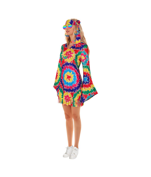 1970s Hippie Colorful Printed Dress 7Pcs Women Halloween Costume