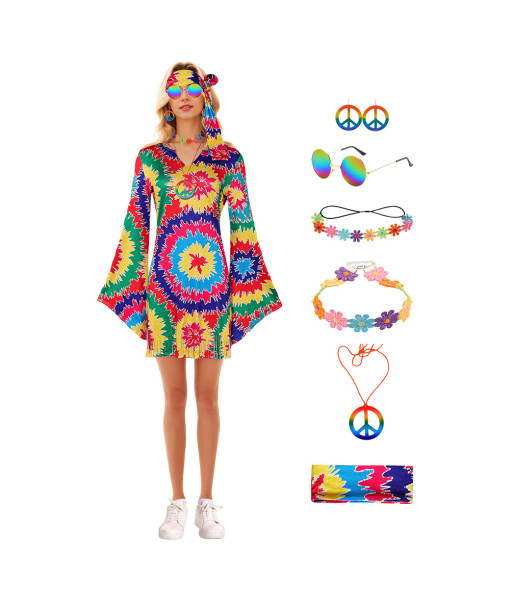 Women 70s Colorful Print Hippie Fringe Dress 7Pcs Halloween Costume