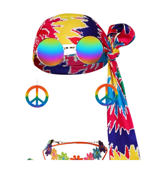 1970s Hippie Colorful Printed Dress 7Pcs Women Halloween Costume