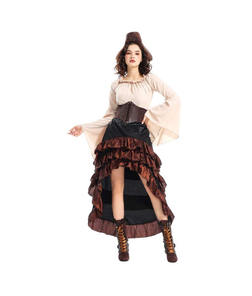 Women Medieval Pirate Beige Shirt Dark Dress Halloween Costume