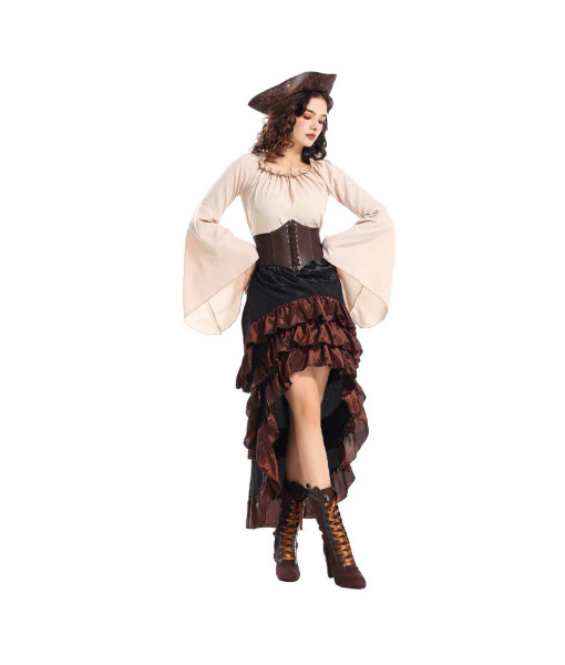 Women Medieval Pirate Beige Shirt Dark Dress Halloween Costume