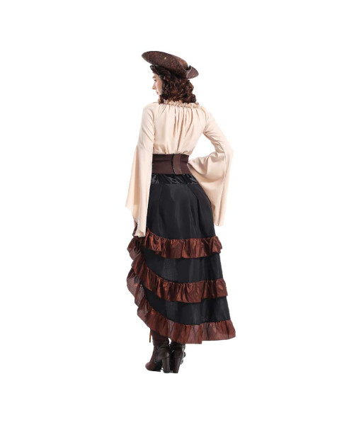 Women Medieval Pirate Beige Shirt Dark Dress Halloween Costume