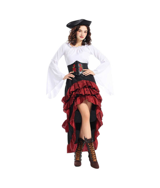 Women Medieval Pirate Red Long Dress White Shirt Halloween Costume