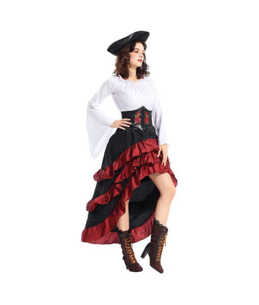 Women Medieval Pirate Red Long Dress White Shirt Halloween Costume