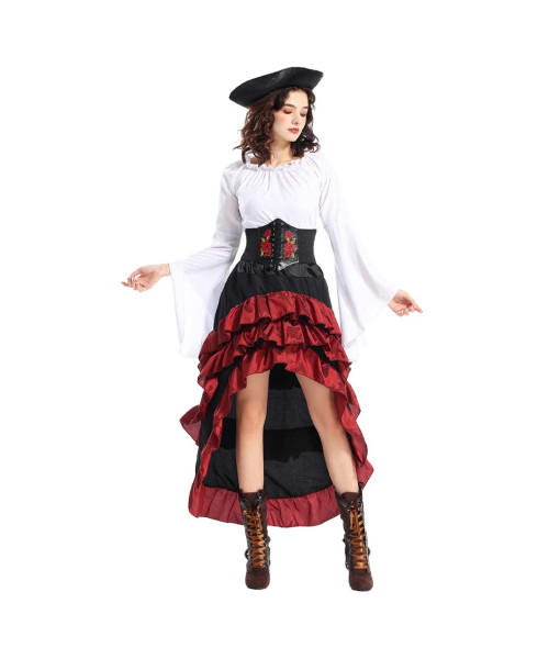 Women Medieval Pirate Red Long Dress White Shirt Halloween Costume