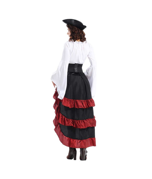 Women Medieval Pirate Red Long Dress White Shirt Halloween Costume