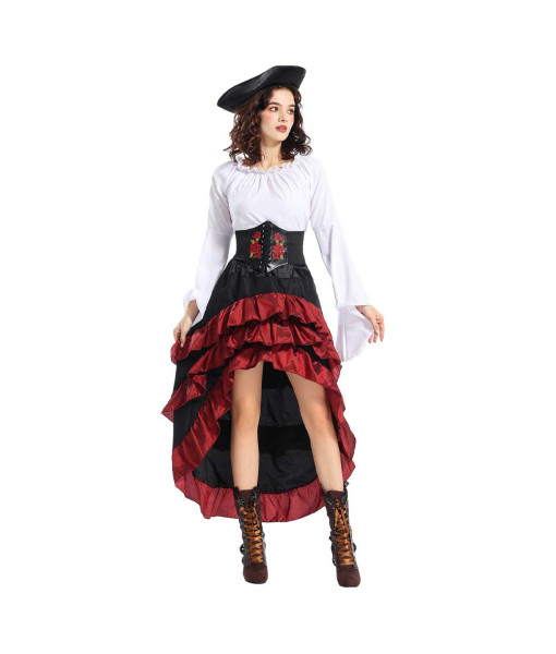 Women Medieval Pirate Red Long Dress White Shirt Halloween Costume