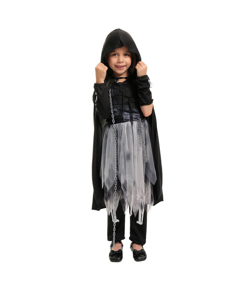 Kids Children Girl Gothic Black Mesh Dress Mist Reaper Horror Halloween Costume