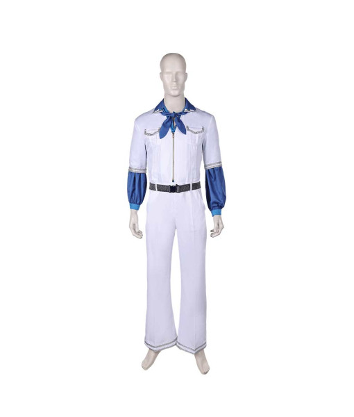 Men 70s Retro White Jumpsuit Blue Collar Holloween Costume