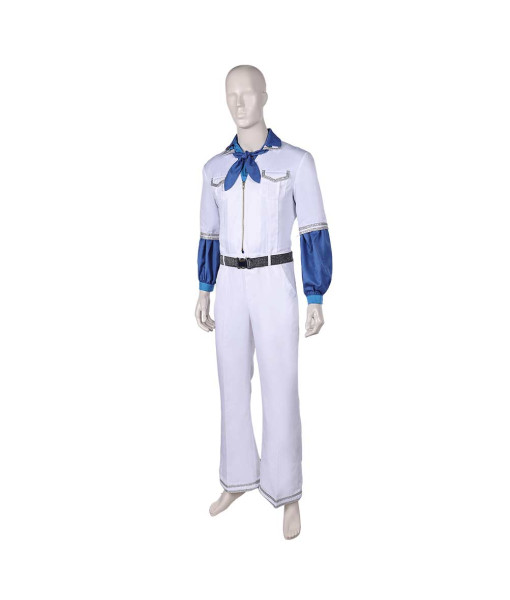 Men 70s Retro White Jumpsuit Blue Collar Holloween Costume