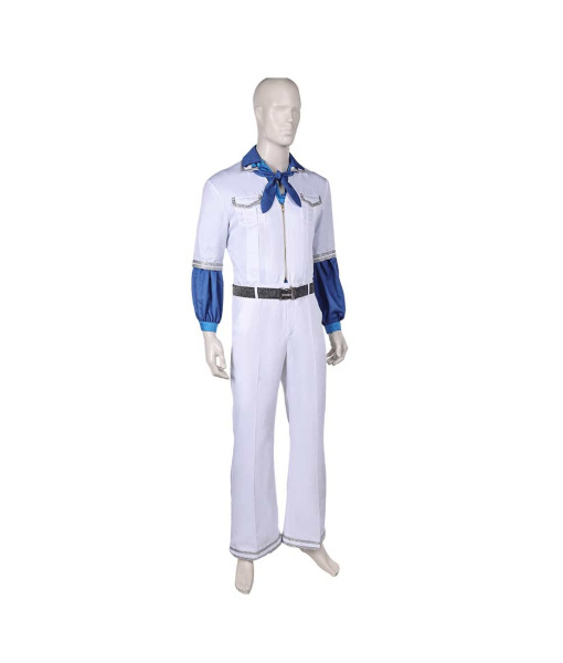 Men 70s Retro White Jumpsuit Blue Collar Holloween Costume