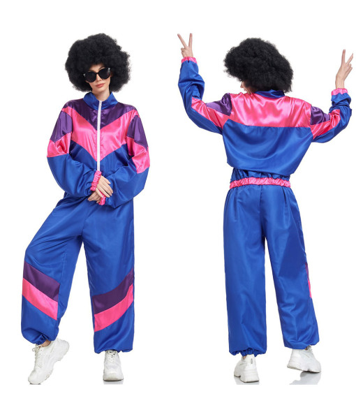 Women 80s Retro Pink Strip Hip Hop Disco Tracksuit Halloween Stage Costume