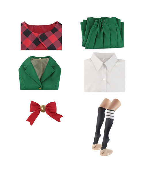 Women Red Fannel Shawl Green Suit Skirt School Uniform Hallowen Costume