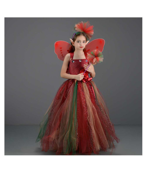 Kids Children Girl Red Mesh Tutu Skirt Fairy Fanatasy Cosplay Halloween Stage Costume 