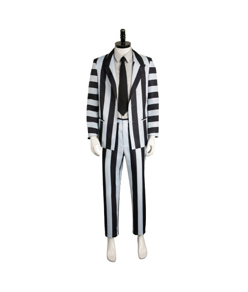 Men Gothic White Black Strip Suit Classic Outfit Halloween Costume