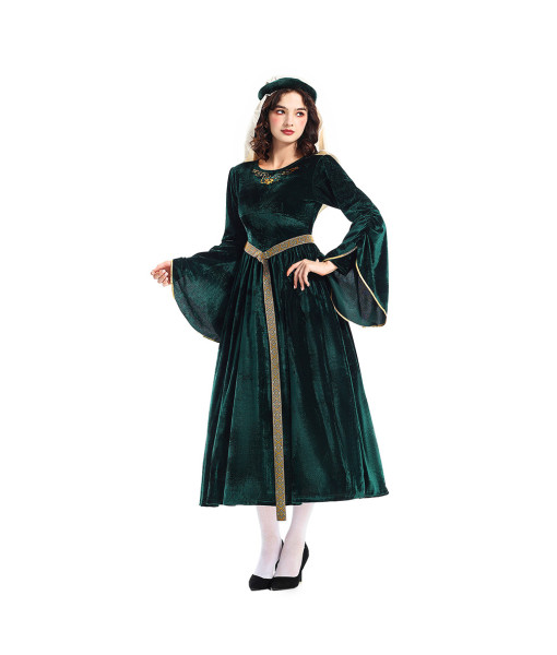 Women Medieval Green Velvet Long Sleeve Dress Maid Cosplay Halloween Costume