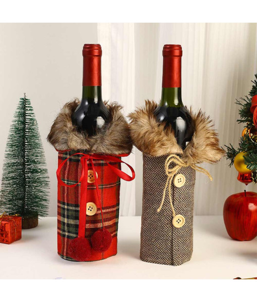 Chirstmas Funny Wine Bottle Holder Fur Collar 2 Pcs Set Chirstmas Decoration