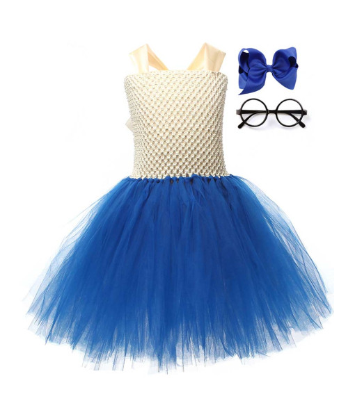 Kids Children Girl Beige Top Blue Mesh Skirt Tutu Skirt with Bowtie Glasses Halloween Stage Costume