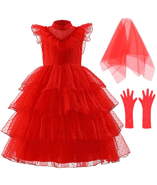 Kids Children Girl Gothic Red Wedding Dress Mesh Long Dress Halloween Costume