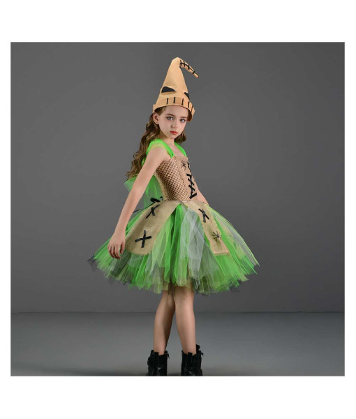 Kids Children Girl Green Faux Patch Evil Princess Tutu Skirt Halloween Stage Costume 