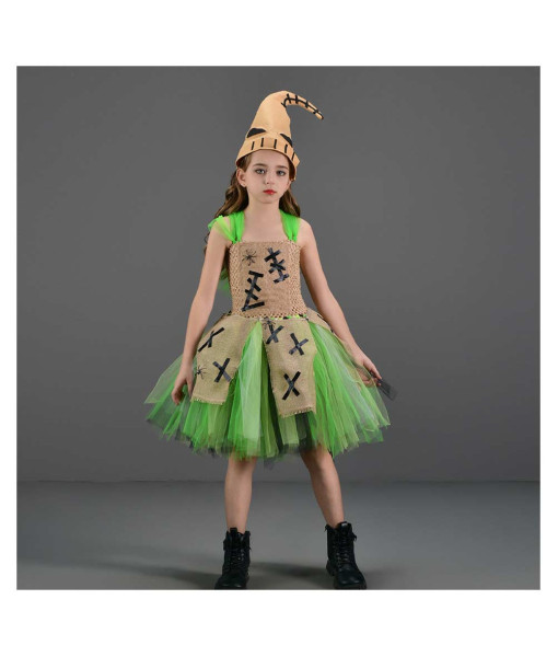 Kids Children Girl Green Faux Patch Evil Princess Tutu Skirt Halloween Stage Costume 