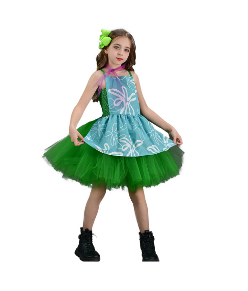 Kids Children Girl Green Mesh Princess Tutu Skirt with Blue Apron Halloween Stage Costume