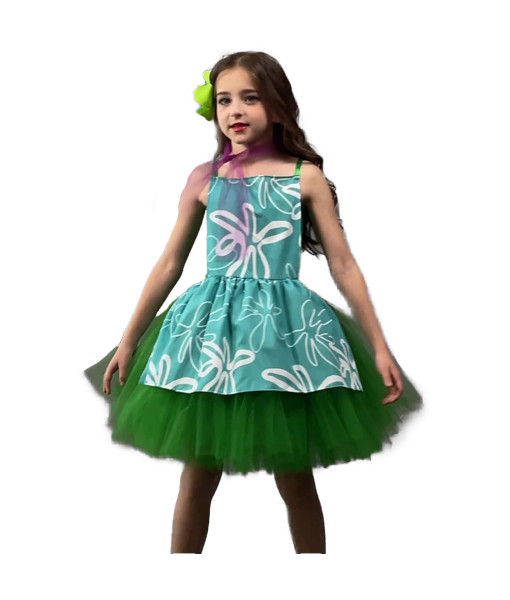 Kids Children Girl Green Mesh Princess Tutu Skirt with Blue Apron Halloween Stage Costume