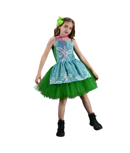 Kids Children Girl Green Mesh Princess Tutu Skirt with Blue Apron Halloween Stage Costume