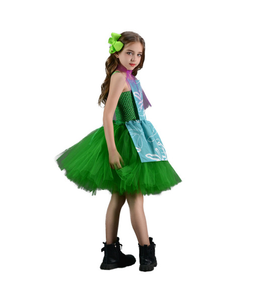 Kids Children Girl Green Mesh Princess Tutu Skirt with Blue Apron Halloween Stage Costume