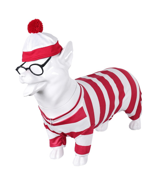 Pet Dog Funny Costume White and Red Strip Sleepwear Hat Fullset Halloween Costume