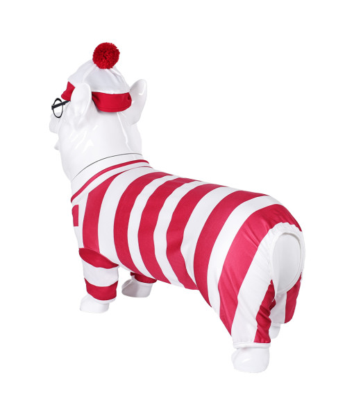 Pet Dog Funny Costume White and Red Strip Sleepwear Hat Fullset Halloween Costume