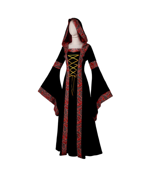 Women Medieval Black Printed Strip Long Sleeve Dress with Hood Halloween Costume