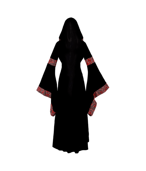 Women Medieval Black Printed Strip Long Sleeve Dress with Hood Halloween Costume