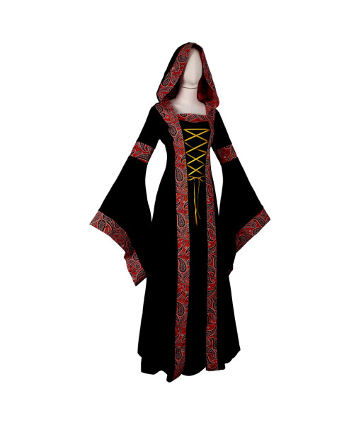 Women Medieval Black Printed Strip Long Sleeve Dress with Hood Halloween Costume