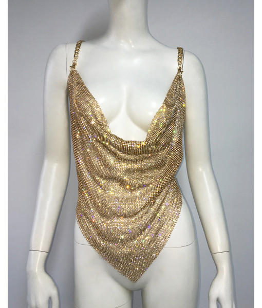 Women Hottie Sexy Metal Rhinestone Tank Top Diamond Cut Music Festival Costume