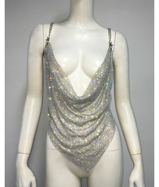 Women Hottie Sexy Metal Rhinestone Tank Top Diamond Cut Music Festival Costume