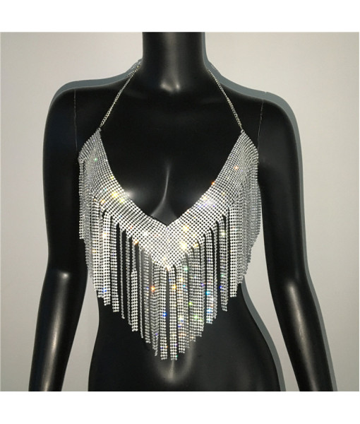 Women Sexy V-neck Fringe Rhinestone Metal Halter Vest Tops Fashion Music Festival Halloween Party Costume