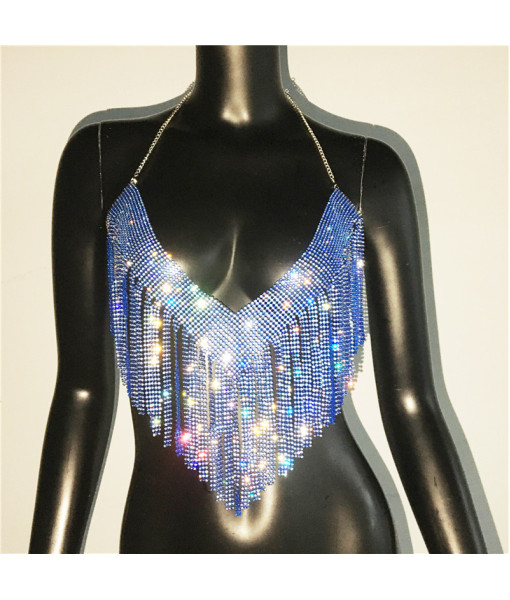 Women Sexy V-neck Fringe Rhinestone Metal Halter Vest Tops Fashion Music Festival Halloween Party Costume