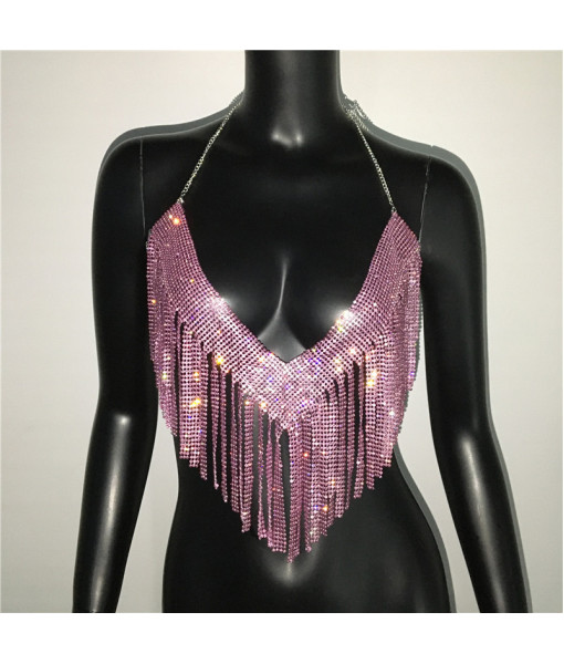 Women Sexy V-neck Fringe Rhinestone Metal Halter Vest Tops Fashion Music Festival Halloween Party Costume