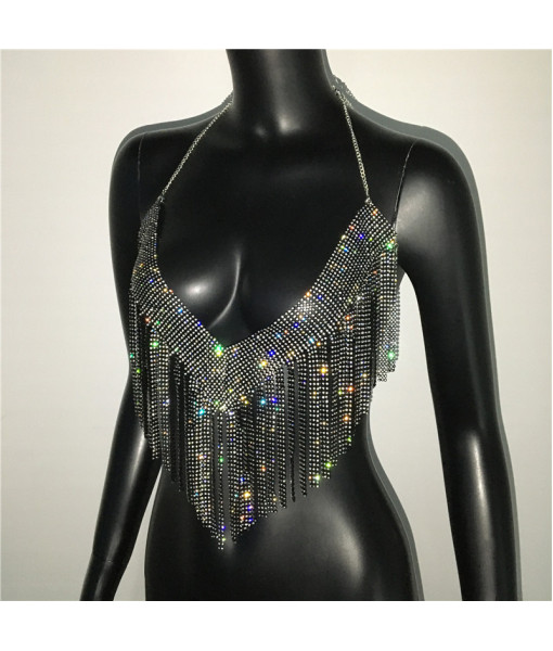 Women Sexy V-neck Fringe Rhinestone Metal Halter Vest Tops Fashion Music Festival Halloween Party Costume