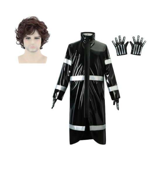 Adult Black Plastic Raincoat with Glove Wig Horror Halloween Costume