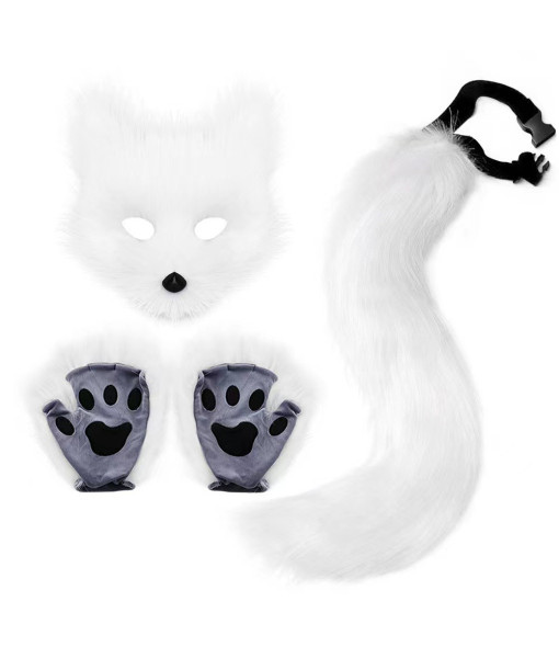 Adult White Fox Mask Gloves Tail Set Halloween Costume Accessories