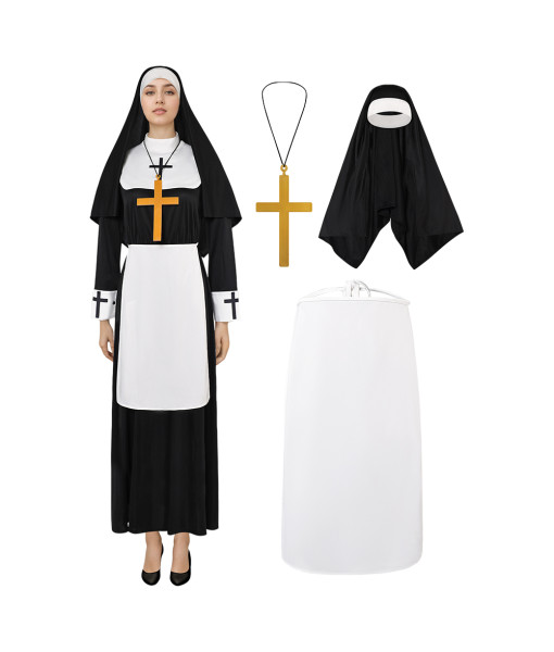 Women Balck White Nun Robe Long Dress with Cross Fullset Halloween Costume